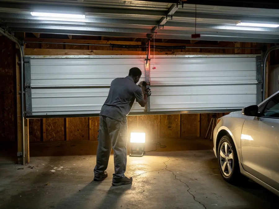 A technician works on a partially open garage door with a car parked nearby.