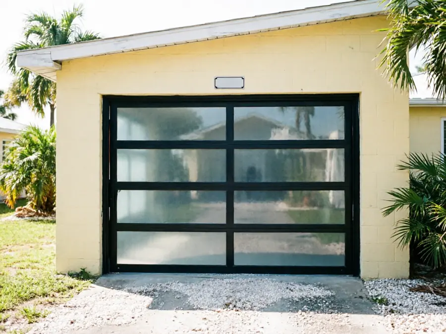 A modern glass garage door with black frames on a yellow house.