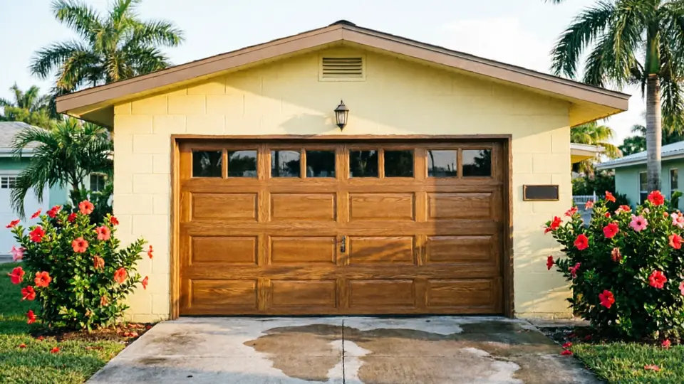 A light yellow garage with a brown wooden garage door and red flowers.