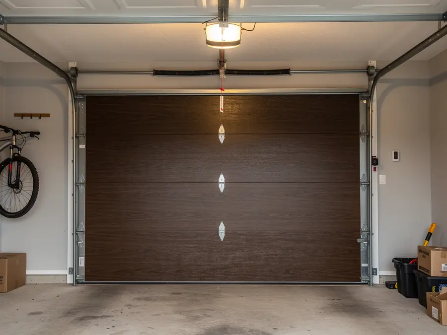 A brown garage door is closed in a garage with a bicycle hanging on the wall.
