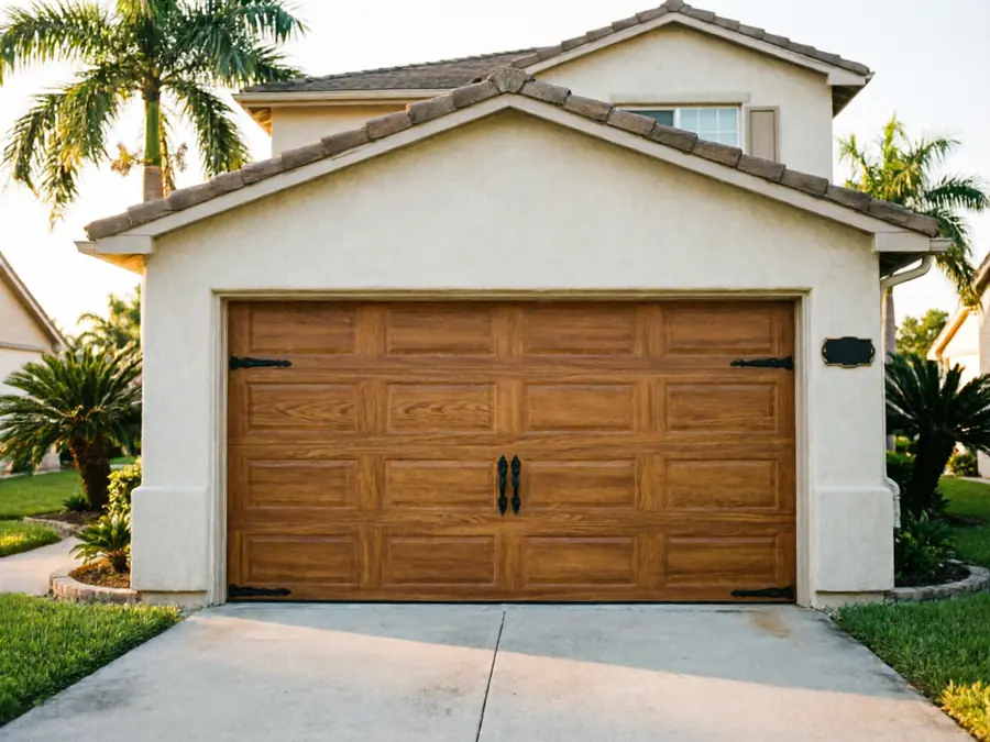 The house has a closed wooden garage door with decorative black hardware.